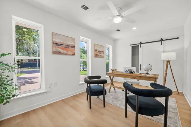 a room with a workspace