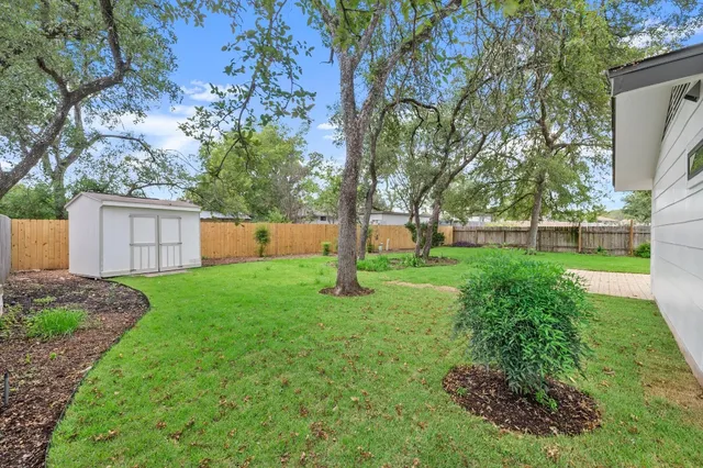 a backyard of a house with plants and a large tree