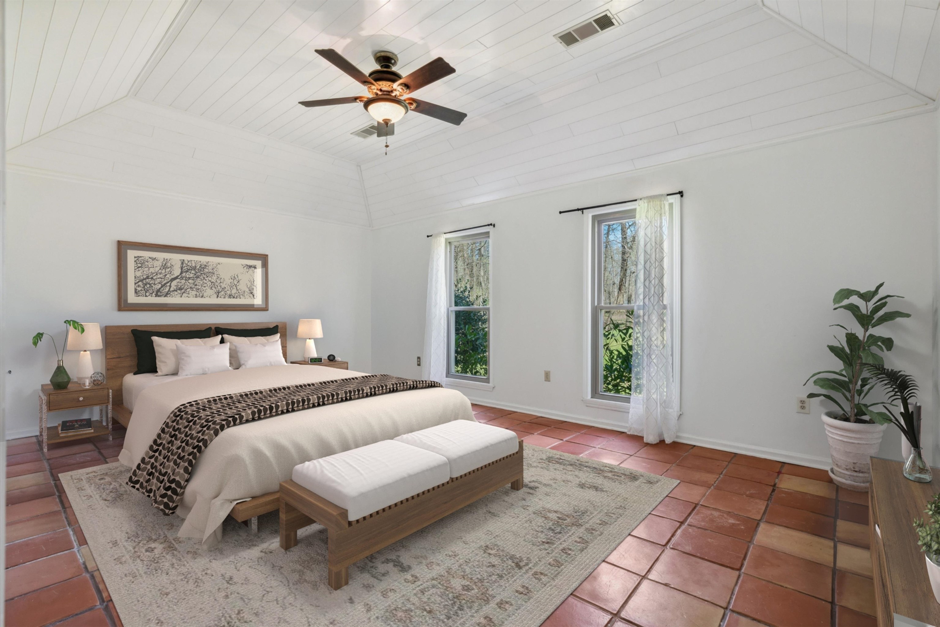 745 Sylvan Road Millington, TN 38053 - Photo 14 of 40 Tiled bedroom featuring vaulted ceiling, baseboards, wood ceiling, visible vents, and a ceiling fan