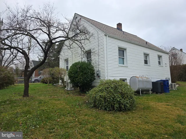 a backyard of a house with plants and large tree