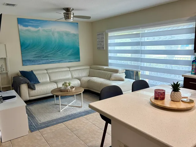 a living room with furniture and a potted plant