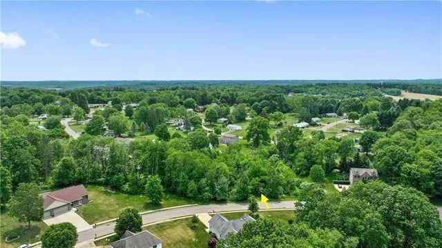 an aerial view of residential houses with outdoor space and trees