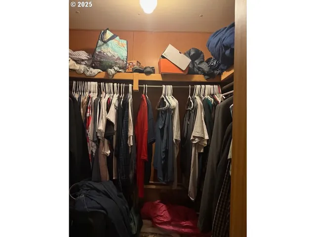 a view of walk in closet with clothes and shoes