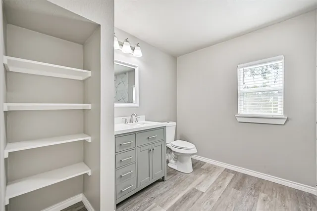 a bathroom with a toilet sink a mirror and vanity