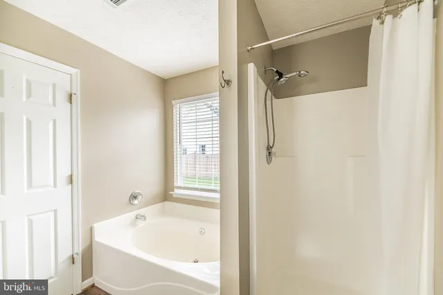 a bathroom with a bathtub and shower