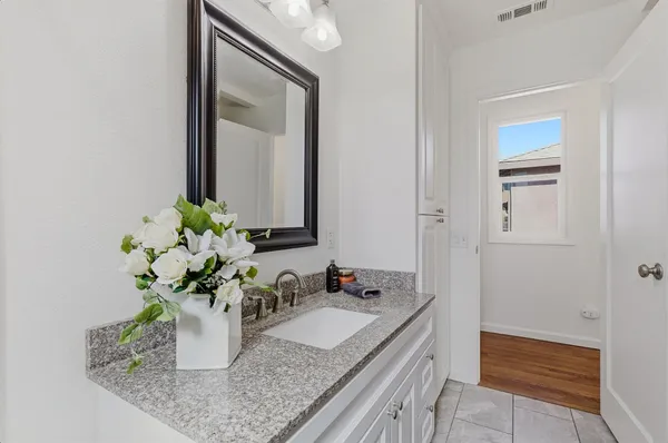 a bathroom with a granite countertop sink a mirror and a potted plant