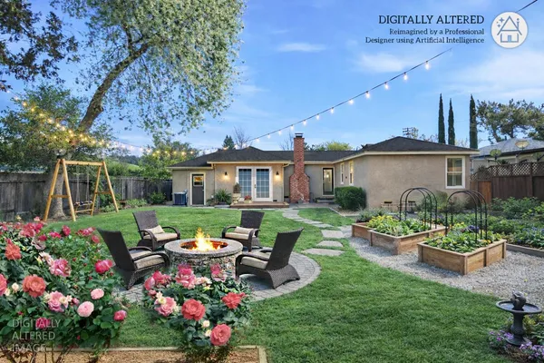 a front view of a house with a garden and patio