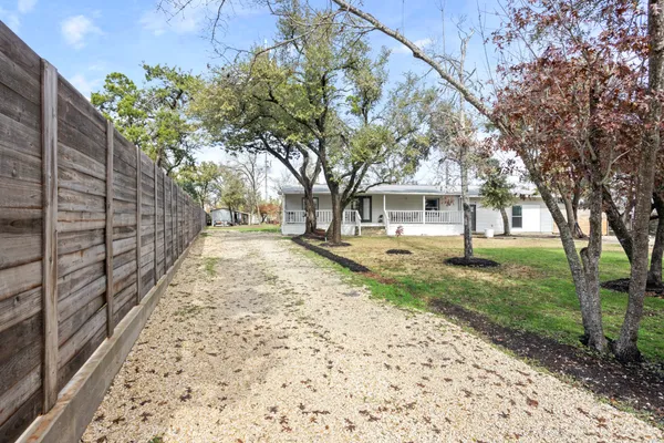 a view of a yard with plants and trees