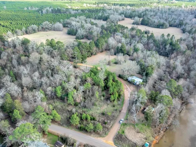 an aerial view of residential house with space and trees all around