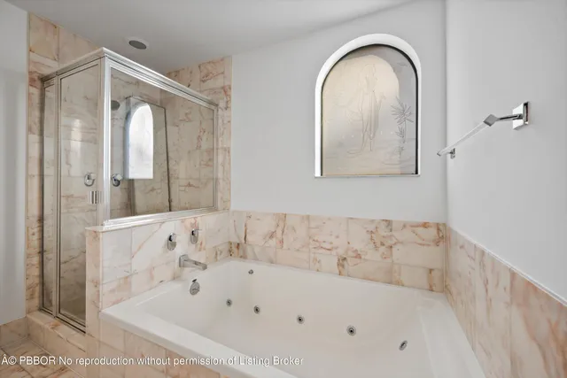a bathroom with a bathtub and a shower