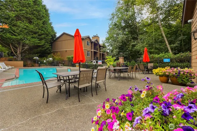 a view of a backyard with swimming pool