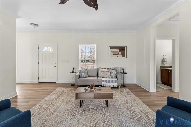 a living room with furniture and a rug