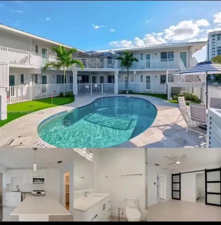 an aerial view of a house with a swimming pool