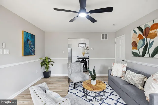 a living room with furniture and a potted plant