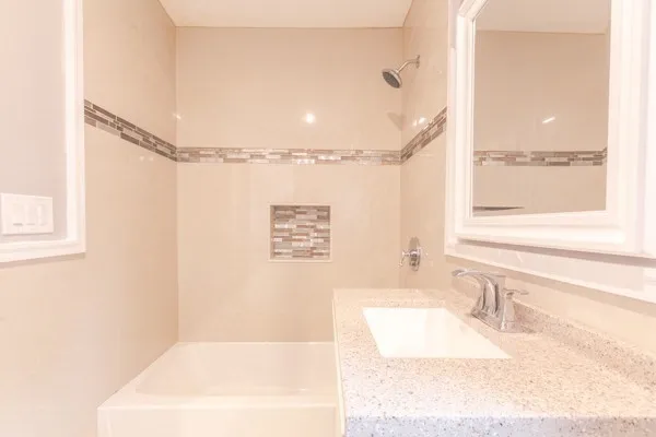 a view of an empty room with a large window