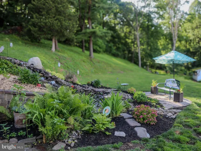 a view of a garden with a fountain