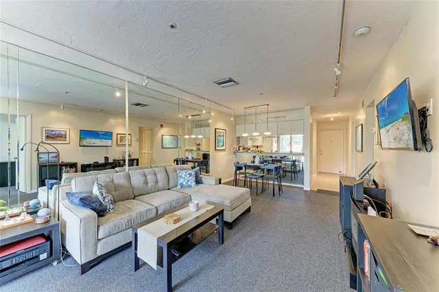 a view of a dining room with furniture