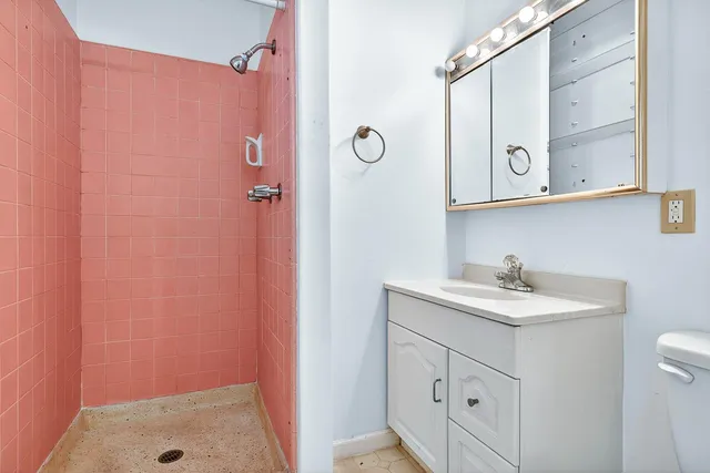a bathroom with a sink a mirror a vanity and a shower