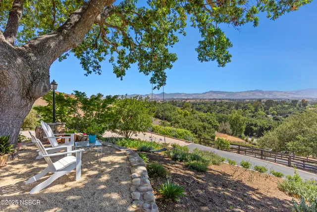 a backyard of a house with table and chairs