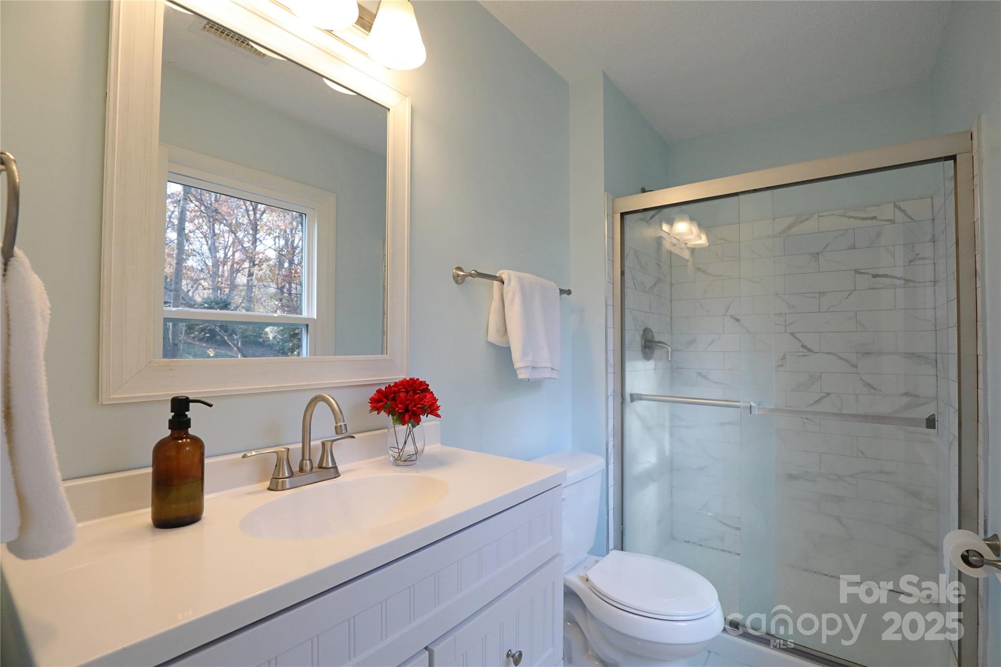 14027 Hackamore Drive Matthews, NC 28105 - Photo 17 of 29 a bathroom with a sink a toilet and shower