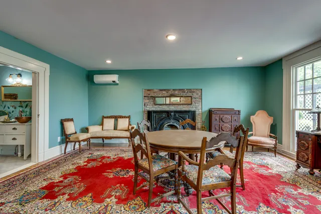 a view of a dining room with furniture