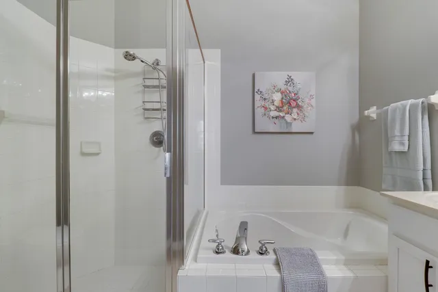 a bathroom with a bathtub and a shower