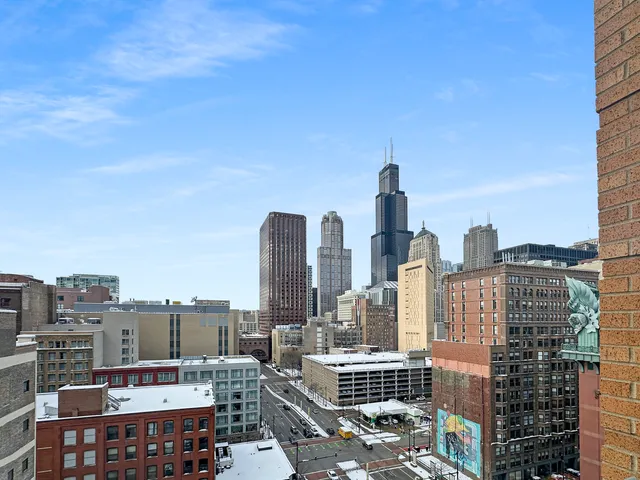 a city view with tall buildings
