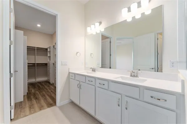 a bathroom with a sink vanity and a mirror