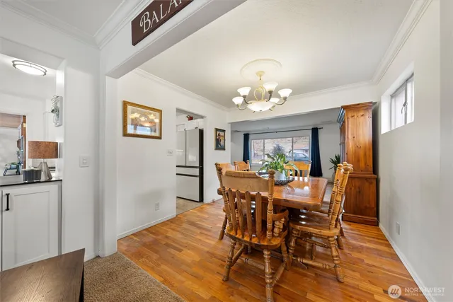 a view of a dining room with furniture