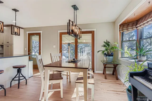 a view of a dining room with furniture window and wooden floor