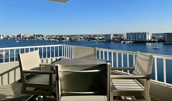 a balcony with a bench