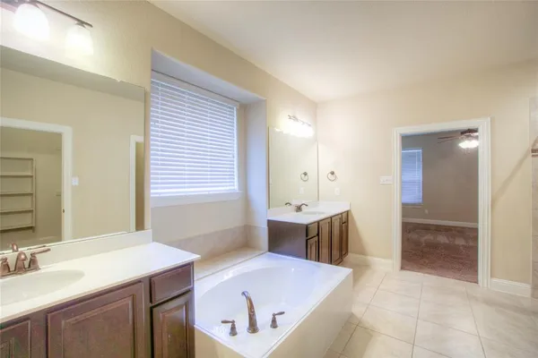 a bathroom with a tub sink and mirror