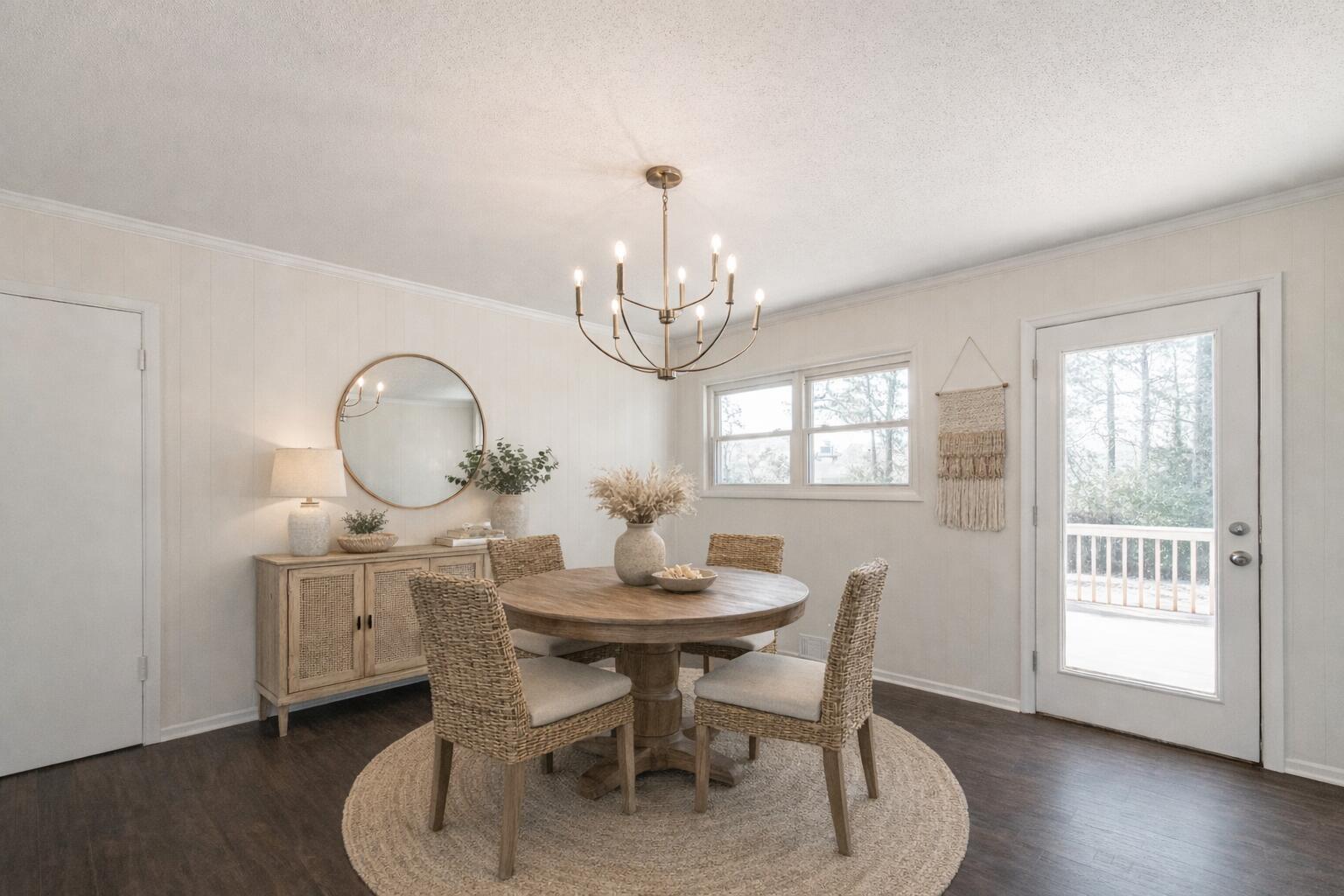 335 Indian Trail Augusta, GA 30907 - Photo 9 of 24 a dining room with wooden floor a chandelier a wooden table and chairs