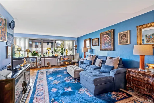 a living room with furniture and a rug