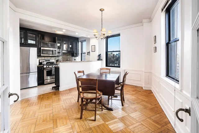 a view of a dining room with furniture