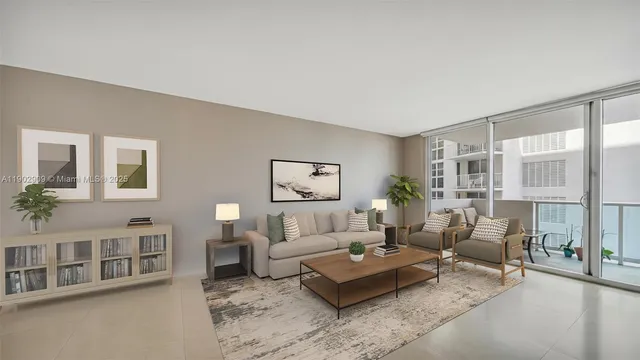 a living room with furniture and a table