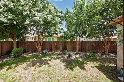 a view of a backyard with large trees and wooden fence