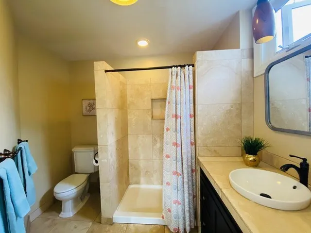 a bathroom with a sink toilet and shower