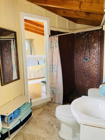 a bathroom with a toilet and shower