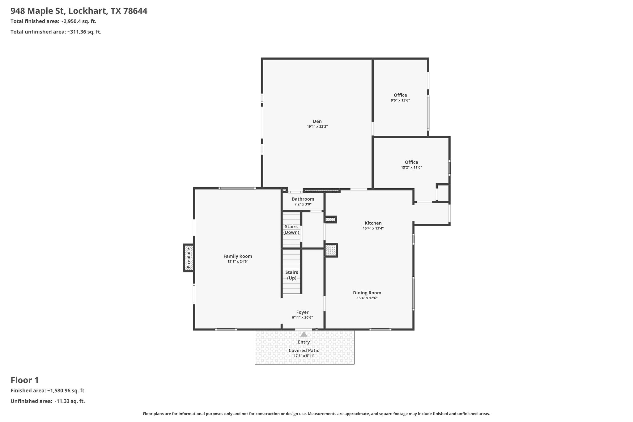 948 Maple Street Lockhart, TX 78644 - Photo 37 of 40 A comprehensive floor plan details the main level's layout, featuring distinct living spaces and a welcoming covered patio.