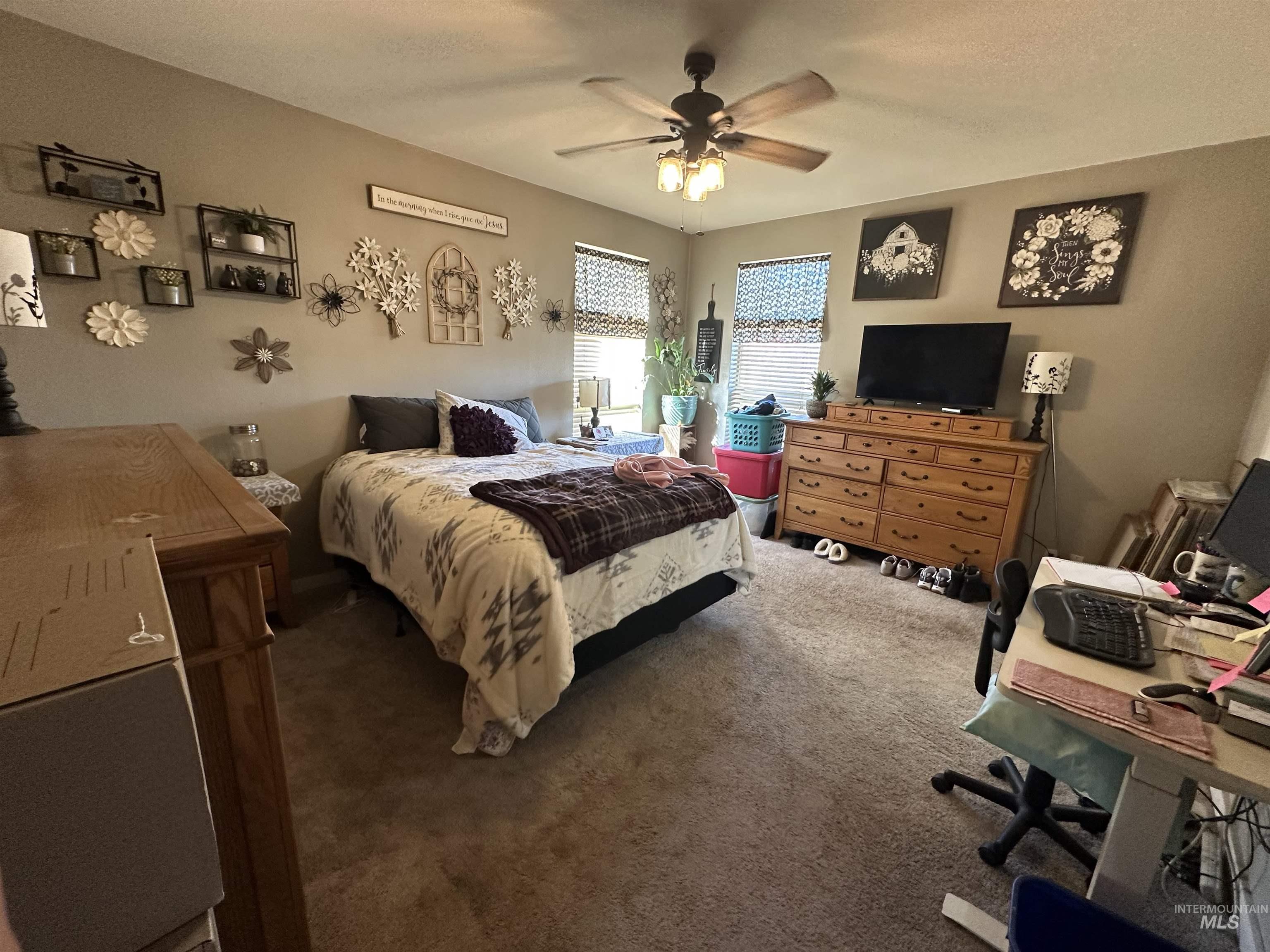 2859 Luke's Gulch Road Stites, ID 83552 - Photo 15 of 48 Bedroom with carpet flooring, a ceiling fan, and an office area