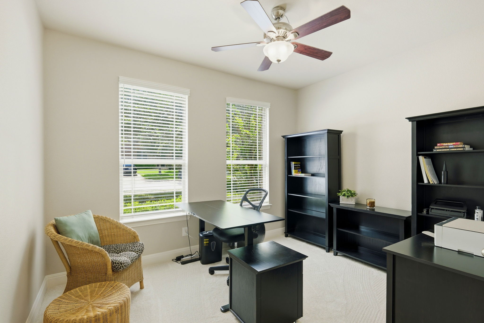 110 Dasher Drive Cedar Park, TX 78613 - Photo 21 of 39 A well-lit home office features carpeted floors and a cooling ceiling fan.