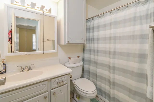 a bathroom with a sink a toilet and shower curtain