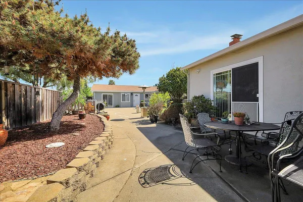 a view of a house with backyard and a tree