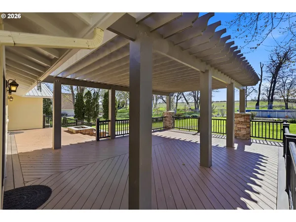 a view of a wooden roof with a garden