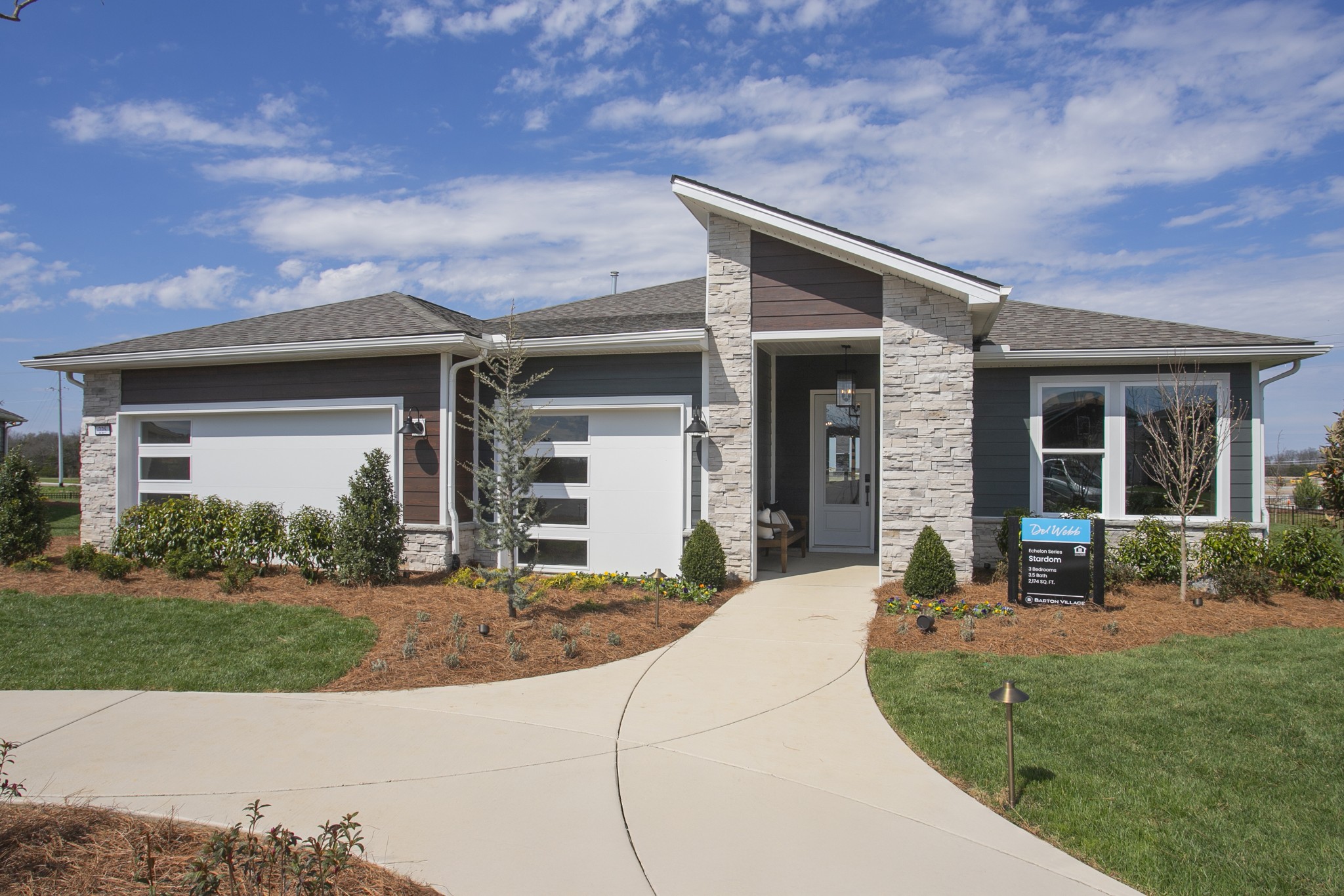 a front view of a house with yard and green space