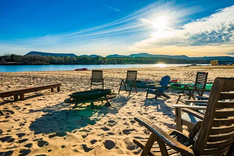 a view of a lake with a terrace