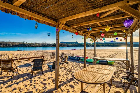 an outdoor space with seating