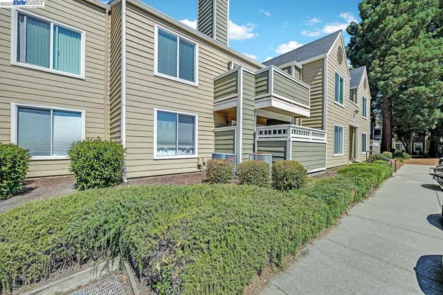 a view of a house with a small yard and potted plants