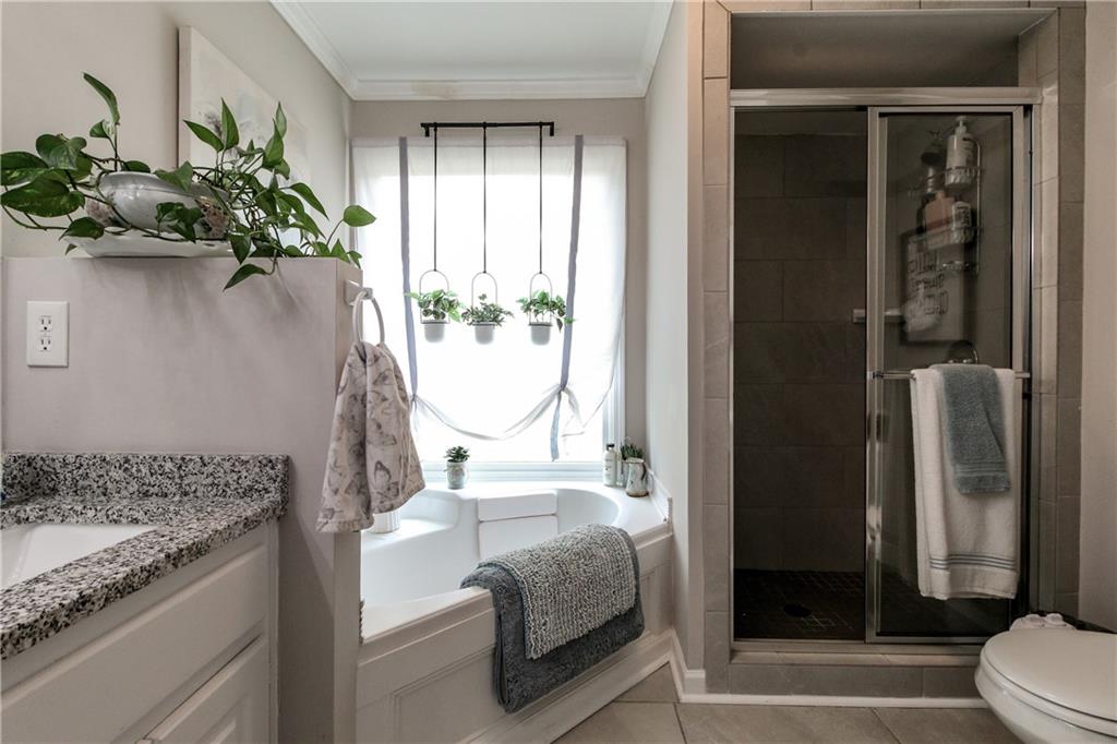 1155 Orchid Way Canton, GA 30115 - Photo 15 of 40 a bathroom with a granite countertop sink a toilet and shower